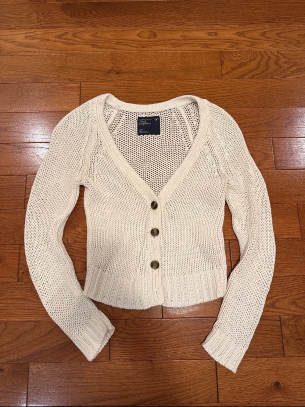 Y2K Hollister 2011 White Open-Knit V-Neck Button Cardigan